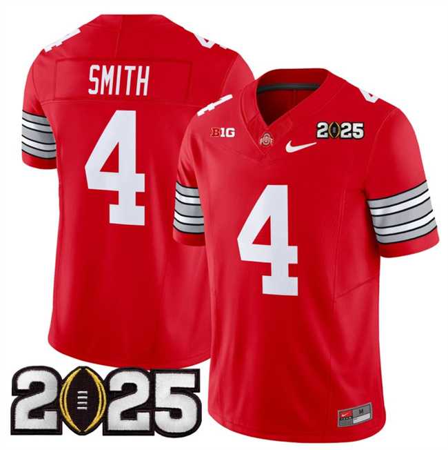 Men%27s Ohio State Buckeyes #4 Jeremiah Smith Red 2025 CFP Final Patch F.U.S.E. Vapor Limited Stitched Football Jersey